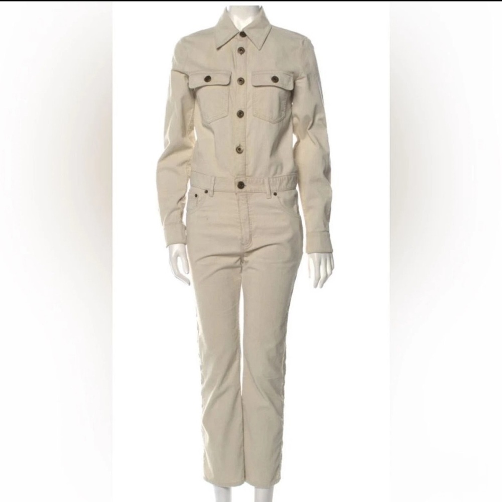 Chloe 2017 Runway Beige Linen Corduroy Authentic Scallop Trimmed Jumpsuit Sz 12
